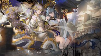 Rule 34 | 2girls, absurdres, arknights, black gloves, blonde hair, blue hair, china, china dress, chinese clothes, chinese commentary, commentary request, cup, dragon girl, dragon horns, dress, gloves, gourd, grass, highres, holding, holding cup, holding gourd, horns, jewelry, ling (arknights), long hair, lonki, looking at viewer, multiple girls, necklace, pointy ears, shu (arknights), sitting, smile, tail, water, white dress