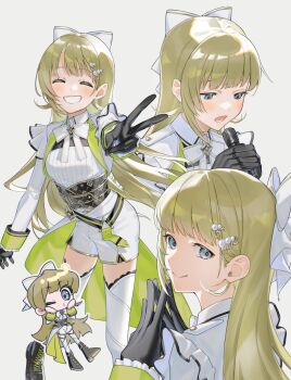 1girl absurdres black_gloves blue_eyes blunt_bangs bow chibi closed_eyes commentary gloves green_hair grey_background hair_bow hanabusa_lisa highres holding holding_microphone long_hair looking_at_viewer microphone multiple_views one_eye_closed shinoi111 simple_background smile solo symbol-only_commentary thighhighs v vspo! white_bow white_thighhighs