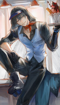 1boy absurdres black_gloves black_hair black_pants black_shirt blue_eyes blue_vest commentary dragonfly_wings english_commentary fate/grand_order fate_(series) gloves grin highres indoors looking_at_viewer male_focus oberon_(fate) oberon_(third_ascension)_(fate) pants renrenka_noi roller_skates shirt sitting skates smile solo vest visor_cap waiter