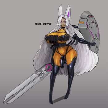 1futa ammunition_pouch arm_at_side armor bar_censor black-framed_eyewear bodysuit boots breastplate breasts bulge censored chest_harness covered_penis covered_testicles dark_skin english_text explosive eyes_visible_through_hair futanari grenade grey_background hair_intakes harness highres holding holding_sword holding_weapon huge_breasts impossible_bodysuit impossible_clothes jacket long_hair mechanical_ears open_clothes open_jacket original outstretched_arm pink_eyes platinum1945 pouch semi-rimless_eyewear shield_module skin_tight solo sword testicles thick_thighs thigh_boots thighhighs thighs under-rim_eyewear very_long_hair weapon white_hair white_jacket yellow_bodysuit