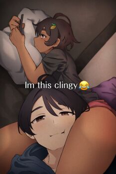 1boy 1girl black_hair food-themed_hair_ornament hair_ornament highres holding holding_phone i&#039;m_this_clingy_(meme) lemon_hair_ornament make_heroine_ga_oo_sugiru! meme nukumizu_kazuhiko phone pillow yakishio_lemon