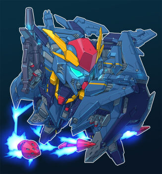 alternate_color aqua_eyes beam_rifle chibi commentary dark_background energy_gun exhaust funnels_(gundam) gradient_background gun gundam gundam_hathaway's_flash highres holding holding_gun holding_weapon mecha missiles mobile_suit no_humans robot sd_gundam shield solo susagane thrusters v-fin weapon xi_gundam zeta_gundam