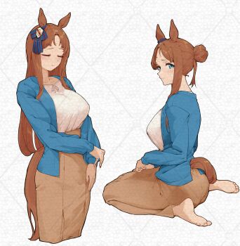 1girl absurdres animal_ears barefoot blue_eyes blue_jacket blue_ribbon blush bow brown_hair brown_skirt closed_eyes closed_mouth clothing_cutout ear_ribbon grass_wonder_(umamusume) hair_bun highres jacket long_sleeves multiple_views open_clothes open_jacket parted_bangs ribbon shirt shirt_tucked_in simple_background single_hair_bun sitting skirt smile tail tail_through_clothes takamaza umamusume wariza white_background white_shirt