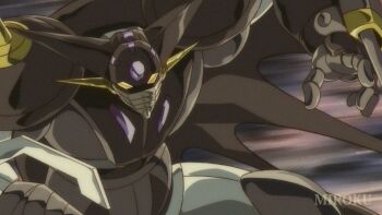 arm_cannon armor black_armor black_cape black_getter cape commentary_request getter_rays getter_robo getter_robo_daikessen! hand_up highres mecha mecha_focus miroku_(miroku_t) robot upper_body weapon yellow_eyes