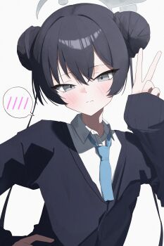 1girl absurdres black_cardigan black_hair blue_archive blue_necktie blush cardigan closed_mouth collared_shirt commentary_request double_bun grey_eyes grey_halo hair_between_eyes hair_bun halo hand_on_own_hip highres jitsumuda kisaki_(blue_archive) long_hair long_sleeves looking_at_viewer necktie school_uniform shirt simple_background sleeves_past_wrists solo spoken_blush twintails upper_body v white_background white_shirt
