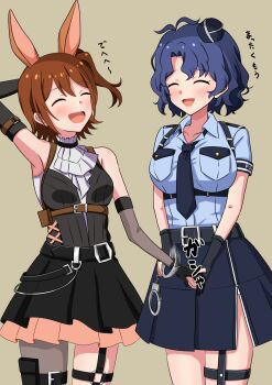2girls :d animal_ears antenna_hair arm_behind_head armband armpits arrest belt belt_buckle black_belt black_gloves blue_armband blue_hair blue_hat blue_necktie blue_shirt blue_skirt blush breast_pocket breasts brown_background brown_hair buckle chest_harness closed_eyes collared_shirt commentary_request concept_police_(idolmaster) cowboy_shot cuffs dot_nose double-parted_bangs dress elbow_gloves eyelashes fingerless_gloves flipped_hair forehead garrison_cap garter_straps gloves handcuffs harness hat highres idolmaster idolmaster_million_live! idolmaster_million_live!_theater_days kasuga_mirai large_breasts layered_skirt medium_hair mimiu_p mini_hat multiple_girls necktie official_alternate_costume open_mouth parted_bangs pleated_skirt pocket police police_uniform policewoman rabbit_agent_(idolmaster) rabbit_ears shirt short_hair short_sleeves shoulder_boards side_ponytail side_slit sidelocks simple_background skirt sleeveless sleeveless_dress small_breasts smile standing teeth thigh_strap tilted_headwear toyokawa_fuka translation_request upper_teeth_only wavy_hair zipper_pull_tab zipper_skirt