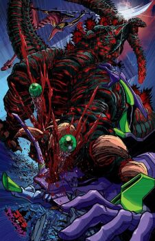 Rule 34 | absurdly long tail, blood, building, city, crossover, cyborg, eva 01, eva 02, gainax, glowing, glowing body, godzilla, godzilla (series), green eyes, highres, holding, holding weapon, japanese text, jeff zornow, kaiju, khara (animation studio), mecha, multiple heads, naginata, neon genesis evangelion, no humans, polearm, rain, rebuild of evangelion, robot, rotated, shin godzilla, silhouette, skyscraper, spear, tail, tail head, toho, very long tail, weapon