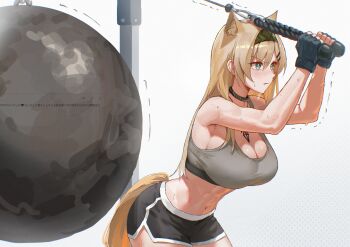 1girl abs absurdres animal_ear_fluff animal_ears arknights bare_shoulders black_collar black_gloves black_hairband black_shorts blonde_hair blush breasts bright_pupils chromatic_aberration cleavage collar commentary crop_top dolphin_shorts exercising fingerless_gloves gloves green_eyes grey_sports_bra hair_between_eyes hair_ornament hairband hairclip highres horn_(arknights) large_breasts long_hair midriff navel short_shorts shorts sleeveless solo sports_bra standing sweat symbol-only_commentary tail toned toned_female trembling uof white_pupils yellow_tail