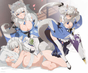 Rule 34 | 1girl, animal ears, blue eyes, blue kimono, breasts, chest sarashi, cleavage, commentary, cup, diana naitari, fox ears, fox girl, fox tail, gloves, grey hair, highres, holding, holding umbrella, hugging object, japanese clothes, kimono, large breasts, long hair, lying, midriff, multiple views, navel, on side, otoha (stella sora), panties, pillow, pillow hug, sarashi, smile, stella sora, tail, teacup, thighhighs, thighs, umbrella, underwear, very long hair, white gloves, white panties, white thighhighs, wooden floor