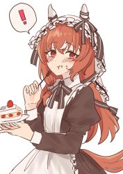 Rule 34 | !, 1girl, alternate costume, animal ears, blush, brown hair, cake, commentary request, eating, enmaided, food, food on face, hair between eyes, hair ornament, highres, horse ears, horse girl, horse tail, looking at viewer, maid, nakichi n, plate, red eyes, still in love (umamusume), tail, umamusume, veil, white background