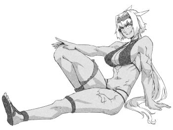 1girl animal_ears bare_shoulders bikini body_markings breasts caenis_(fate) caenis_(swimsuit_rider)_(fate) caenis_(swimsuit_rider)_(first_ascension)_(fate) cleavage commentary dark-skinned_female dark_skin fate/grand_order fate_(series) goggles greyscale grin hairband large_breasts long_hair looking_at_viewer minew monochrome navel sandals sitting smile solo swimsuit symbol-only_commentary very_long_hair