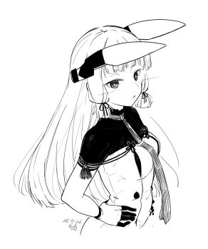 1girl artist_name blunt_bangs breasts dated fingerless_gloves floating_headgear gloves hair_ribbon headgear high_contrast highres hikashima_(shiofune) kantai_collection looking_at_viewer monochrome murakumo_(kancolle) murakumo_kai_ni_(kancolle) necktie ribbon short_eyebrows sidelocks small_breasts solo tress_ribbon upper_body
