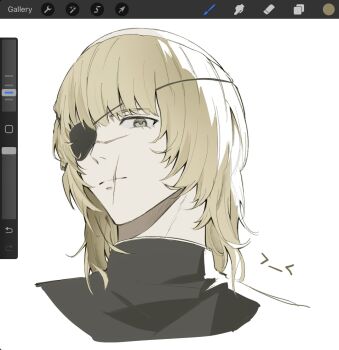 Rule 34 | 1boy, art program in frame, badeni, blonde hair, chi.: chikyuu no undou ni tsuite, closed mouth, commentary request, cropped shoulders, eyepatch, han orb, highres, light smile, male focus, medium hair, scar, scar on face, scar on mouth, simple background, solo, thai commentary, tonsure, white background, yellow eyes