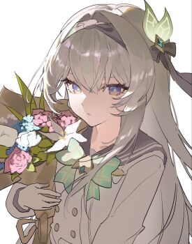1girl black_ribbon bouquet bow bowtie buttons closed_mouth dodosaae double-breasted firefly_(honkai:_star_rail) firefly_(spring_missive)_(honkai:_star_rail) flower gradient_eyes green_bow green_bowtie green_pupils grey_hair grey_hairband grey_sailor_collar hair_between_eyes hair_intakes hair_ornament hair_ribbon hairband highres holding holding_bouquet honkai:_star_rail honkai_(series) long_hair multicolored_eyes plaid_bow plaid_bowtie plaid_clothes ribbon sailor_collar simple_background solo white_background