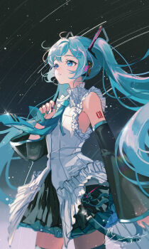 1girl absurdres bare_shoulders black_skirt black_sleeves black_thighhighs blue_eyes blue_hair blue_nails blue_necktie chinese_commentary collared_shirt commentary_request cowboy_shot dated detached_sleeves hand_up hatsune_miku hatsune_miku_happy_16th_birthday_-dear_creators- highres long_hair long_sleeves memory_mie miniskirt nail_polish necktie number_tattoo parted_lips pleated_skirt shirt shoulder_tattoo signature skirt sleeveless sleeveless_shirt solo tattoo thighhighs twintails vocaloid