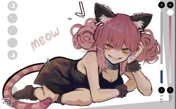 1girl animal_ears art_program_in_frame black_dress black_souls black_souls_2 black_wrist_cuffs breasts cat_ears cat_girl cat_tail cheshire_cat_(black_souls) cleavage double_bun drawn_whiskers dress elemi_souls grin hair_bun hashtag-only_commentary highres ibispaint_(medium) looking_at_viewer pink_hair simple_background smile solo tail white_background wrist_cuffs