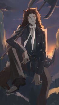 1boy animal_ears axe basilio_(metaphor:_refantazio) black_jacket black_pants black_shoes brown_hair cloud colored_skin commentary_request grey_skin highres holding holding_axe holding_weapon jacket konchi_(63438789) long_hair long_sleeves male_focus metaphor:_refantazio outdoors pants red_eyes scar scar_across_eye scar_on_face shoes solo tail weapon