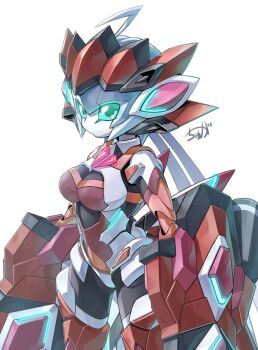 1girl ahoge breasts cowboy_shot green_eyes humanoid_robot joints looking_at_viewer mechanization medium_breasts robot robot_joints senki_zesshou_symphogear solo tyuga yukine_chris