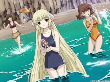 00s 5girls beach beach_umbrella bikini chii chobits clamp closed_eyes day dutch_angle hibiya_chitose kimura_masahiro long_hair mini_person minigirl multiple_girls no_pupils official_art official_wallpaper one-piece_swimsuit oomura_yumi outdoors robot_ears running sarong school_swimsuit shimizu_takako shimizu_takako_(chobits) splashing sumomo_(chobits) swimsuit umbrella very_long_hair wading water watermark