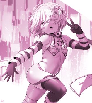 1girl bikini blush boots born-to-die choker dohna_dohna_issho_ni_warui_koto_o_shiyou eyepatch flat_chest gloves hair_ornament harness heart heart-shaped_pupils heart_hair_ornament loli looking_at_viewer micro_bikini monochrome navel open_mouth porno_(dohna_dohna) short_hair single_thighhigh smile standing swimsuit symbol-shaped_pupils thighhighs v