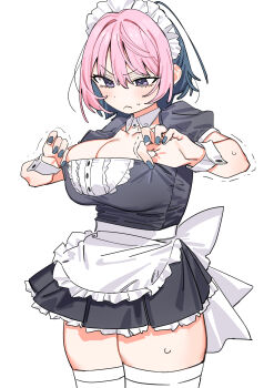 1girl absurdres apron arm_cuffs back_bow bow breasts bursting_breasts character_request cleavage copyright_request cowboy_shot haruyuki_(gffewuoutgblubh) highres large_breasts maid maid_apron maid_headdress pink_eyes pink_hair sweat sweatdrop thighhighs
