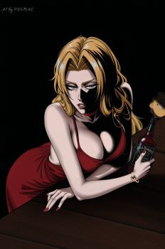 Rule 34 | 1boy, 1girl, ai-assisted, alternate hair color, artist name, bare shoulders, black background, bleach, blue eyes, bracelet, collarbone, dress, drink, fingernails, glass bottle, highres, holding, holding drink, jewelry, kon (bleach), leaning forward, lips, long fingernails, long hair, looking at viewer, matsumoto rangiku, mole, mole under mouth, orange hair, parted lips, prixmal, simple background, stuffed animal, stuffed lion, stuffed toy