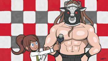 1boy 1girl abs artist_name asahina_aoi blanko! blue_eyes breasts brown_hair closed_mouth commentary danganronpa_(series) danganronpa_3_(anime) dark-skinned_female dark_skin great_gozu hands_on_own_hips holding holding_microphone long_hair long_sleeves mask microphone muscular muscular_male parody pectorals ponytail rhythm_tengoku shiny_skin shirt smile tan topless_male v-shaped_eyebrows white_shirt