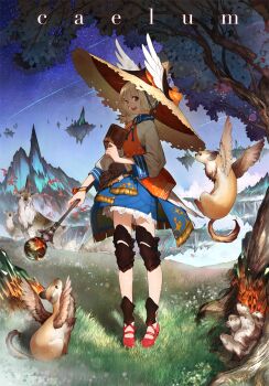 1girl :d animal blonde_hair book bracelet falling_star floating_island flying fur grass hat highres jewelry looking_at_viewer on_shoulder open_mouth red_eyes shooting_star short_hair sky smile standing star_(sky) starry_sky suzume_yuu thighhighs tree wand wings
