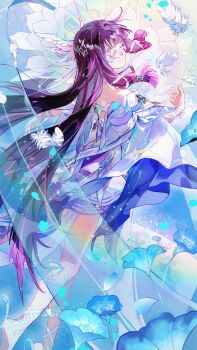 1girl absurdres barefoot blue_flower closed_eyes closed_mouth columbina_(genshin_impact) commentary_request dress eye_mask facing_back falling_feathers falling_petals feathers flower from_behind genshin_impact gradient_hair hair_ornament hair_ribbon head_wings highres long_hair mask multicolored_hair petals pink_hair purple_hair ribbon sakuramochi1003 solo very_long_hair white_dress white_feathers white_ribbon wing_hair_ornament wings