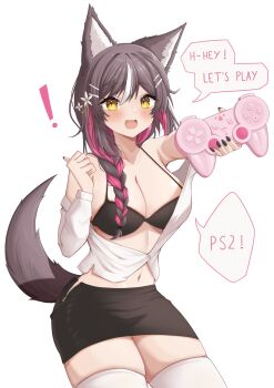 ! 1girl animal_ear_fluff animal_ears black_bra black_nails black_skirt blush bra braid breasts chisaka_airi cleavage colored_inner_hair controller english_text flower game_controller hair_flower hair_ornament hairpin highres holding holding_controller holding_game_controller multicolored_hair navel nyu-tan94 phase_connect pink_hair second-party_source skirt solo speech_bubble tail thighhighs underwear virtual_youtuber white_background white_flower white_thighhighs wolf_ears wolf_girl wolf_tail yellow_eyes