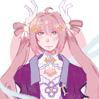 1girl antlers bad_tag blush breasts cleavage detached_sleeves dress flower frilled_dress frills hair_flower hair_ornament hair_ribbon highres honkai_(series) honkai_impact_3rd horns jacket long_hair looking_at_viewer painterly pastel_colors pink_hair purple_eyes purple_jacket ribbon simple_background sketchy_style smile solo twintails white_background white_dress youyun_(honkai_impact)