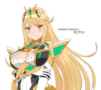 1girl ayu_(ddestiny944) bare_shoulders blonde_hair breasts closed_mouth commentary_request elbow_gloves gloves hand_on_own_arm highres large_breasts long_sleeves looking_at_viewer mythra_(xenoblade) simple_background solo swept_bangs tiara upper_body white_background white_gloves xenoblade_chronicles_(series) xenoblade_chronicles_2 yellow_eyes