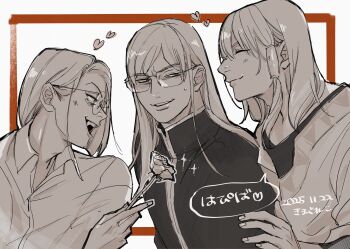 3boys closed_mouth commentary_request dated dist_(tales) flower glasses hair_behind_ear hand_on_another's_arm heart highres holding holding_flower jade_curtiss kimagure_014 long_sleeves looking_at_another male_focus multiple_boys open_mouth parted_lips peony_ix profile rose shirt short_hair smile sparkle speech_bubble sweatdrop tales_of_(series) tales_of_the_abyss upper_body wing_collar