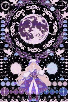 1girl absurdres bare_legs bird blonde_hair boku_(isizakitakasi) commentary_request dress flower folding_fan hair_between_eyes hand_fan hat highres holding holding_fan long_hair long_sleeves lotus mob_cap moon moon_phases planetary_ring purple_dress purple_nails purple_shoes purple_theme shoes solo sparkle touhou very_long_hair watatsuki_no_toyohime waves white_hat yellow_eyes