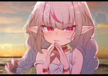 1girl absurdres ahoge averting_eyes bare_shoulders braid breasts collar dyed_ahoge female_focus grey_hair highres letterboxed long_hair looking_away looking_to_the_side makaino_ririmu makaino_ririmu_(3rd_costume) nijisanji pointy_ears purple_eyes small_breasts solo strap_slip twin_braids utsusumi_kio virtual_youtuber wrist_cuffs