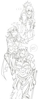 Rule 34 | ..., 1girl, 2boys, barefoot, between breasts, breasts, camilla (fire emblem), carrying, carrying multiple people, carrying overhead, carrying person, chignon, cleavage, closed eyes, dragon boy, fire emblem, fire emblem fates, hair over one eye, heart, large breasts, looking at another, male corrin (fire emblem), multiple boys, nintendo, one eye covered, pointy ears, sketch, speech bubble, strap between breasts, t0sa f, takumi (fire emblem), tiara, yaoi