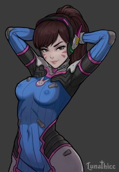 1girl arms_behind_head artist_name bodysuit breasts brown_hair commentary covered_erect_nipples covered_navel d.va_(overwatch) english_commentary facial_mark grey_background headset highres long_hair looking_at_viewer lunathicc mecha_pilot_suit multicolored_bodysuit nipples overwatch simple_background skin_tight smile solo standing variant_set