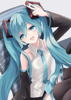 1girl absurdres aqua_eyes aqua_hair aqua_necktie aqua_trim arm_up black_skirt blush breasts chair collared_shirt commentary_request detached_sleeves grey_background grey_shirt hair_between_eyes hair_ornament hatsune_miku highres long_hair long_sleeves looking_at_viewer medium_breasts miniskirt necktie on_chair open_mouth pleated_skirt shirt simple_background sitting skirt sleeveless sleeveless_shirt smile solo twintails v very_long_hair vocaloid wide_sleeves yuzuaji