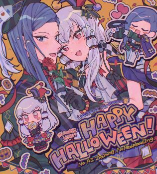 1boy 1girl fire_emblem fire_emblem:_three_houses flower halloween_costume highres hino222hikari lorenz_hellman_gloucester lysithea_von_ordelia nintendo pink_eyes purple_eyes purple_hair red_flower red_rose rose white_hair