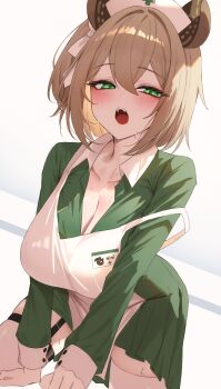 1girl absurdres all_fours animal_ears apron blush breasts brown_hair cleavage commentary contrast_collar dress green_dress hair_between_eyes hair_intakes hat highres indie_virtual_youtuber large_breasts long_sleeves looking_at_viewer name_tag nimi_nightmare nimi_nightmare_(1st_costume) nurse nurse_cap one_side_up open_mouth ruru_(ruru_nnnn) short_hair skindentation solo strap_slip sweat tapir_ears tapir_girl thighhighs thighs virtual_youtuber white_apron white_thighhighs