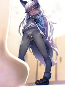 1girl animal_ear_fluff animal_ears black_gloves black_pantyhose black_shoes blue_shirt blurry blurry_background blush bow bow_panties character_request closed_eyes closed_mouth clothes_lift crying_with_eyes_closed female_focus from_below gloves grey_skirt highres indoors kemono_friends lifting_own_clothes long_hair long_sleeves navel panties pantyhose pee pee_stain peeing peeing_self pleated_skirt public_restroom shirt shoes sidelocks skirt skirt_lift solo soon_(c-u-soon) standing tail tears thighs underwear urinal variant_set very_long_hair water_drop white_hair white_panties wolf_ears wolf_girl wolf_tail