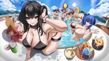 absurdres aegir_(azur_lane) alternate_costume azur_lane bikini black_bikini black_hair blue_hair blue_sky breasts can champagne_flute cleavage cloud cloudy_sky collarbone cup demon_horns drink_can drinking_glass gold_bikini green_eyes hat highres honolulu_(azur_lane) horns large_breasts looking_at_viewer manjuu_(azur_lane) multiple_girls open_mouth pola_(azur_lane) pool poolside porko purple_eyes red_bikini red_eyes red_hair sky soda_can st._louis_(azur_lane) sun sun_hat surcouf_(azur_lane) swimsuit taihou_(azur_lane) twintails water white_bikini white_hair yellow_eyes zara_(azur_lane)