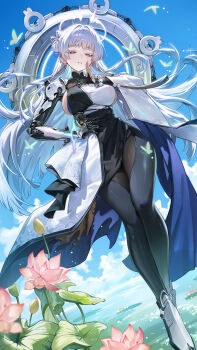 1girl absurdres black_bridal_gauntlets black_kimono black_pantyhose blue_sky breasts bridal_gauntlets colored_eyelashes commentary day detached_sleeves dutch_angle earrings full_body goddess_of_victory:_nikke half-closed_eyes halo hand_on_own_hip hand_up highres japanese_clothes jewelry kimono kuji-in large_breasts long_hair long_sleeves looking_at_viewer mechanical_arms mechanical_foot mole mole_on_breast mole_under_eye multicolored_hair nayuta_(nikke) outdoors pantyhose parted_lips rhtkd single_bridal_gauntlet single_detached_sleeve single_mechanical_arm sky solo two-tone_hair very_long_hair white_eyelashes white_eyes white_hair white_kimono