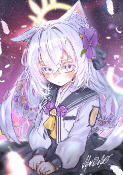 1girl absurdres angel_wings animal_ear_fluff animal_ears azusa_(blue_archive) black_dress black_ribbon black_sailor_collar blue_archive blush bow cat_ears closed_mouth crescent_halo crossed_bangs dress ears_down ears_up falling_feathers feathered_wings feathers flower frilled_dress frills hair_between_eyes hair_bow hair_flower hair_ornament halo hands_on_own_thighs head_tilt highres long_hair long_sleeves looking_at_viewer looking_up low_wings mnx2ek0 neckerchief own_hands_together puffy_long_sleeves puffy_sleeves purple_eyes purple_flower purple_hair ribbon sailor_collar school_uniform serafuku shy signature sitting solo star_(sky) starry_sky_background white_wings wing_ornament wings yellow_halo yellow_neckerchief