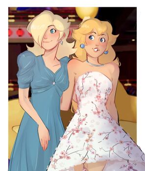 2girls alternate_costume anya_taylor-joy anya_taylor-joy_(cosplay) bare_shoulders blue_dress blush breasts brie_larson brie_larson_(cosplay) collarbone commentary cosplay dress earrings english_commentary floral_print hair_over_one_eye highres jewelry long_hair looking_to_the_side mario_(series) multiple_girls neck necklace nintendo noodles-and-tea one_eye_covered parted_lips photo-referenced princess_peach real_life rosalina siblings sisters small_breasts smile strapless strapless_dress the_super_mario_galaxy_movie very_long_hair voice_actor_connection white_dress