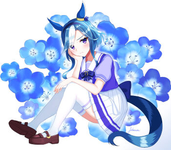 1girl absurdres admire_groove_(umamusume) animal_ears blue_flower blue_hair blush bow bowtie breasts closed_mouth ear_covers ear_ornament flower hairband head_rest highres horse_ears horse_girl horse_tail long_hair looking_at_viewer mole mole_under_mouth multicolored_hair no_heterochromia puffy_short_sleeves puffy_sleeves purple_bow purple_bowtie purple_eyes purple_shirt sailor_collar sailor_shirt school_uniform shirt shoes short_sleeves skirt solo streaked_hair tail thighs tracen_school_uniform umamusume white_hair white_sailor_collar white_skirt white_streaks yuuki_suikou