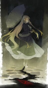 1girl blonde_hair boots cobblestone dress hinata_(echoloveloli) holding holding_umbrella long_hair looking_at_viewer looking_back mary_clarissa_christie shikkoku_no_sharnoth sideways_glance solo steampunk_(liarsoft) umbrella very_long_hair walking yellow_eyes