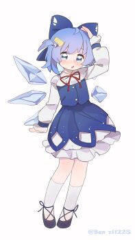 1girl absurdres black_shoes blue_bow blue_eyes blue_hair blue_skirt blue_vest blush bow cirno commentary detached_wings food food-themed_hair_ornament frilled_skirt frills fruit full_body gumingdi_ban hair_bow hair_ornament highres ice ice_wings lemon lemon_hair_ornament lemon_slice long_sleeves looking_at_viewer medium_hair neck_ribbon open_mouth red_ribbon ribbon shirt shoes simple_background skirt socks solo touhou twitter_username vest white_background white_shirt white_socks wings