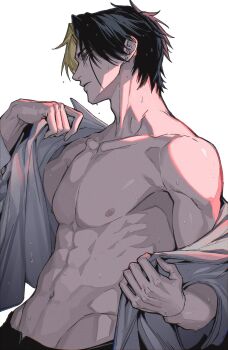 1boy abs adam&#039;s_apple black_hair black_pants blonde_hair collarbone collared_shirt commentary_request facial_mark flying_sweatdrops highres male_focus mashle multicolored_hair navel nipples pants pectorals rayne_ames renoko_ponchaka shirt short_hair solo streaked_hair sweat toned toned_male two-tone_hair undressing white_shirt