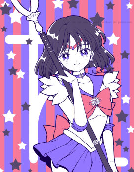 1girl back_bow bad_id bad_pixiv_id bishoujo_senshi_sailor_moon black_hair bow brooch choker circlet closed_mouth collarbone cowboy_shot elbow_gloves gloves holding holding_polearm holding_spear holding_weapon hoshikuzu_(milkyway792) jewelry limited_palette looking_at_viewer magical_girl multicolored_background pleated_skirt polearm purple_eyes purple_neckwear purple_sailor_collar purple_skirt red_bow sailor_collar sailor_saturn sailor_senshi_uniform saturn_symbol short_hair signature silence_glaive skirt smile solo spear split_mouth star_(symbol) star_brooch star_choker striped_background tomoe_hotaru weapon white_gloves